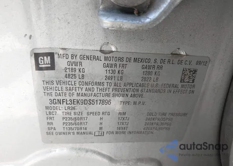 2013 Chevrolet Captiva Sport Lt из США, поврежденный, VIN 3GNFL3EK9DS517896